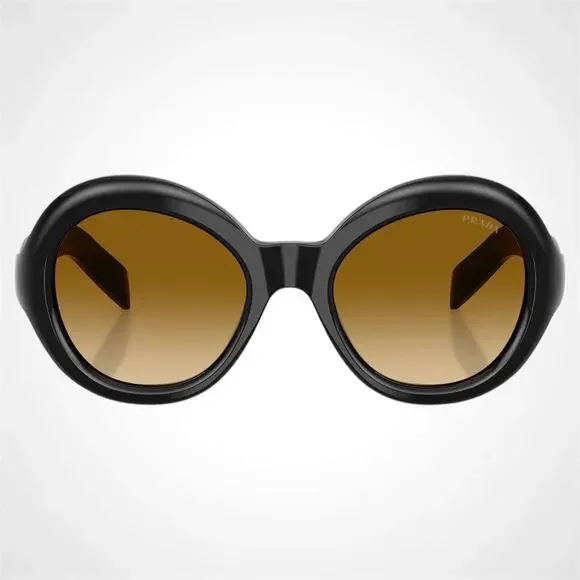 New PRADA Sunglasses Black Round Frame Yellow Brown Lens Women's - Picture 2 of 6